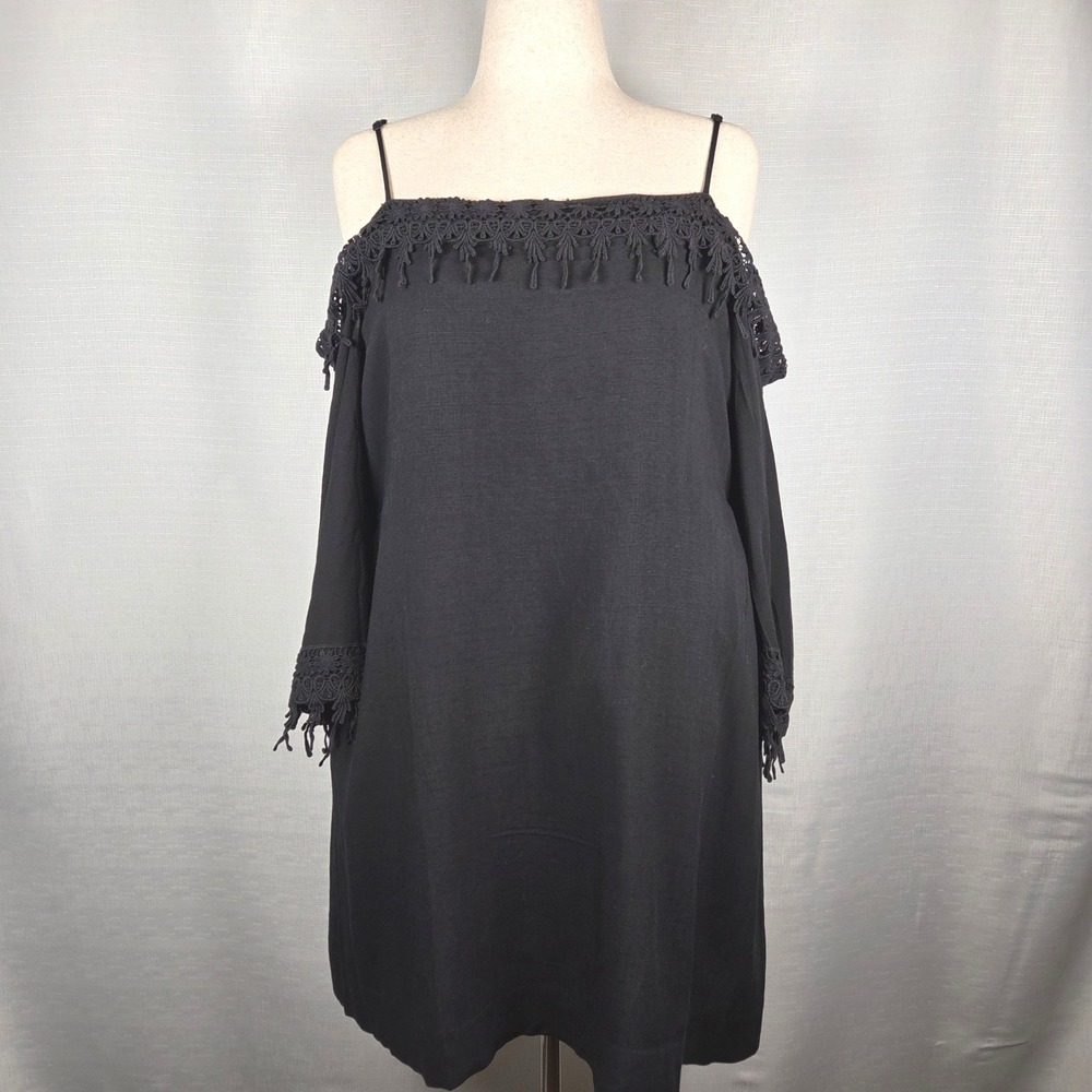 Kensie Black Off Shoulder‎ Crochet Trim Tunic/Midi Dress Women's XL